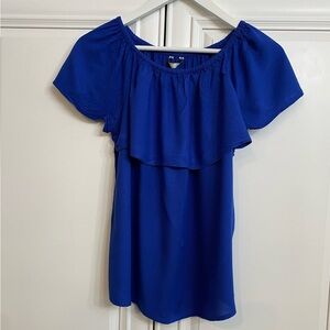 DNMX Size Small Short Sleeve Elastic Neckline Ruffle Front Chest Blue Blouse Top